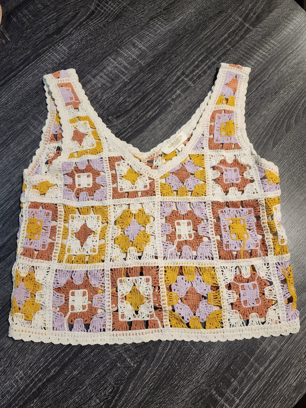 Rebellion Crochet Square Tank Top in White, Mustard & Lavender